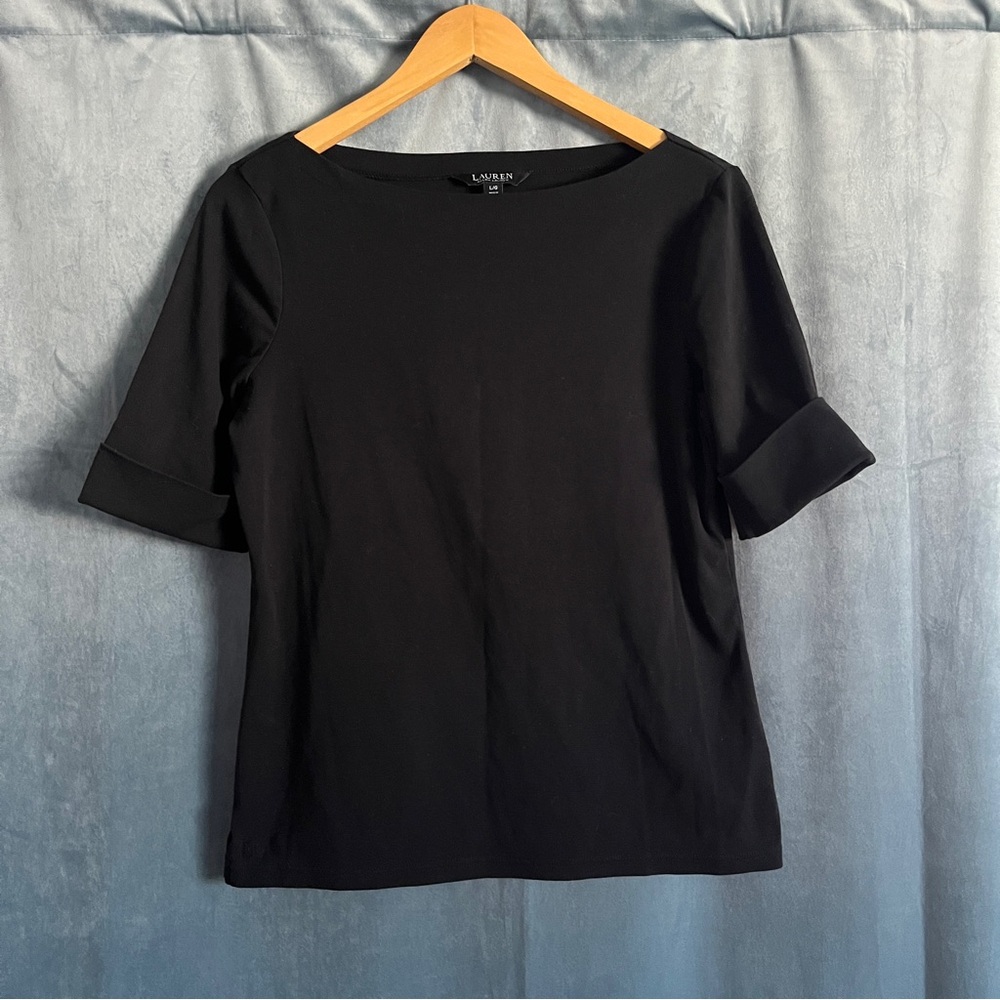 Lauren Ralph Lauren Black Label Women's Boatneck Cuff Short Sleeve Shirt Top L